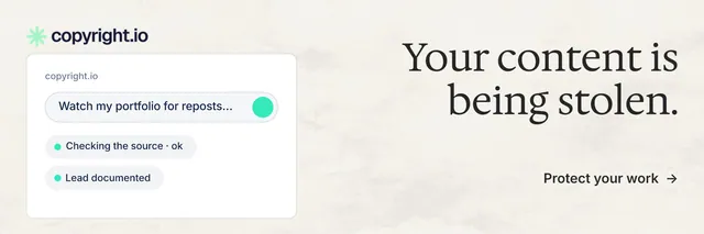 X header for copyright.io: "Your content is being stolen." Minimal luxury style, right layout, light palette in white, grey.