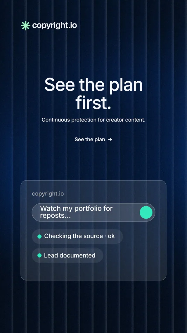 Instagram story for copyright.io: "See the plan first." Minimal luxury style, centred layout, dark palette in black, blue.