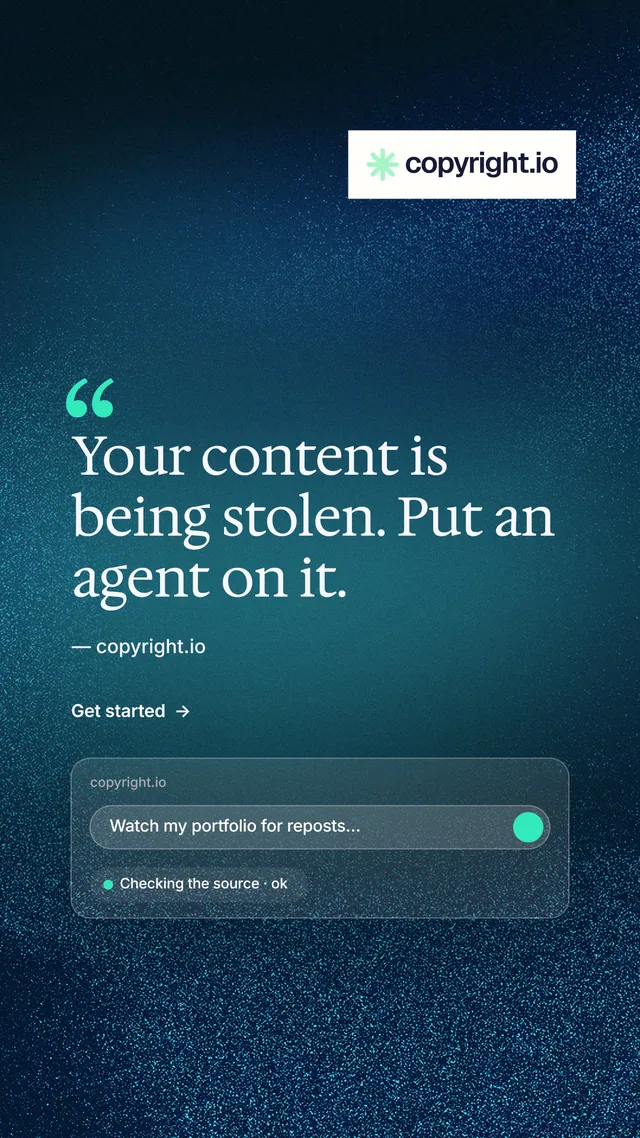 Instagram story for copyright.io: "Protect your work." Minimal luxury style, quote layout, dark palette in blue, black, teal.