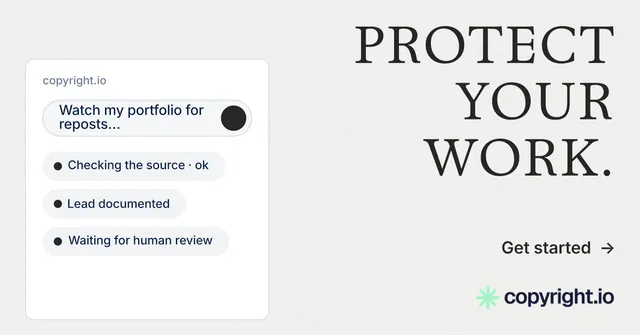 Social ad for copyright.io: "Protect your work." Minimal luxury style, right layout, light palette in white.