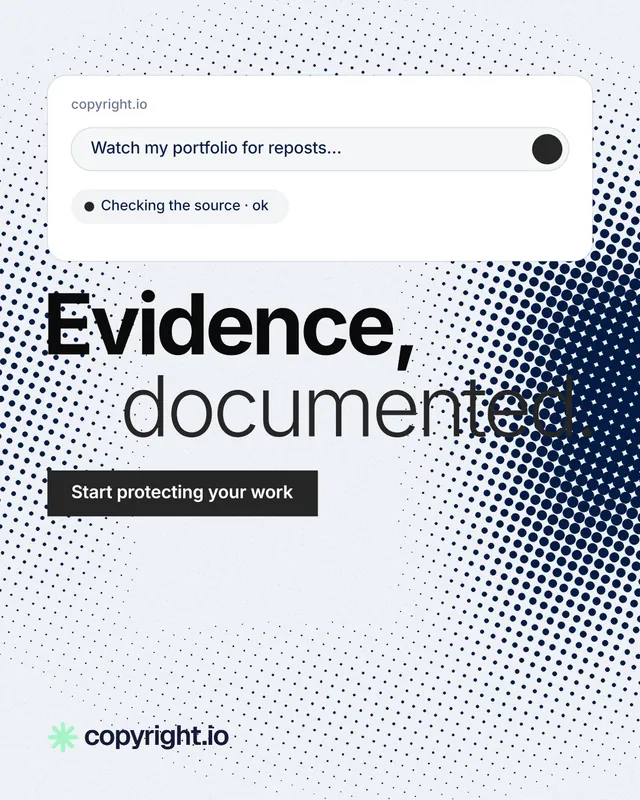 Instagram portrait post for copyright.io: "Evidence, documented." Swiss style, stacked layout, light palette in white, blue, grey.