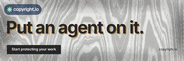 X header for copyright.io: "Put an agent on it." Swiss style, poster layout, light palette in grey, white.