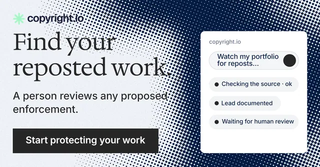 Social ad for copyright.io: "Find your reposted work." Split block style, skeleton layout, light palette in blue, white, grey.