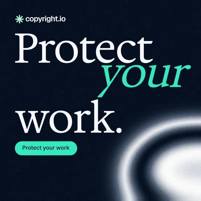 Instagram post for copyright.io: "Protect your work." Y2K style, stacked layout, dark palette in black, teal, blue.