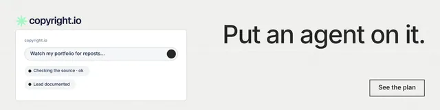 LinkedIn banner for copyright.io: "Put an agent on it." Editorial style, right layout, light palette in white.