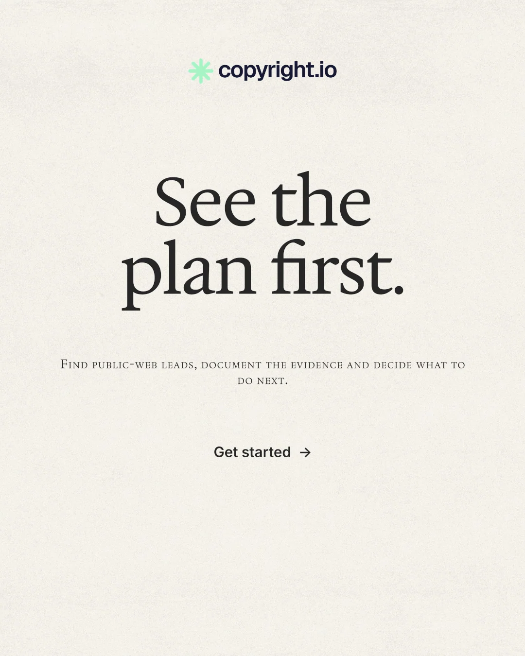 Instagram portrait post for copyright.io: "See the plan first." Editorial style, smallcaps layout, light palette in white.