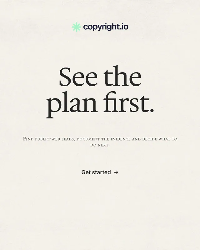 Instagram portrait post for copyright.io: "See the plan first." Editorial style, smallcaps layout, light palette in white.