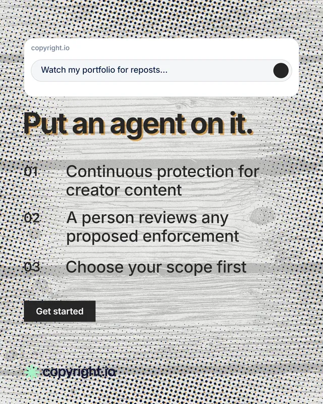 Instagram portrait post for copyright.io: "Put an agent on it." Swiss style, numbered layout, light palette in grey, white.