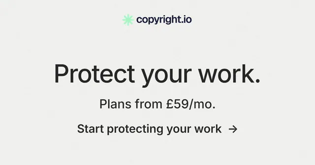Social ad for copyright.io: "Protect your work." Minimal luxury style, skeleton layout, light palette in white.