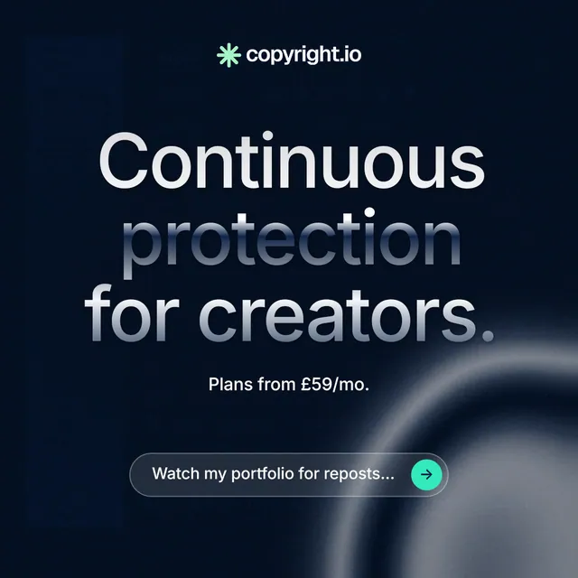 Instagram post for copyright.io: "Continuous protection for creators." Agentic glass style, centred layout, dark palette in black, grey.