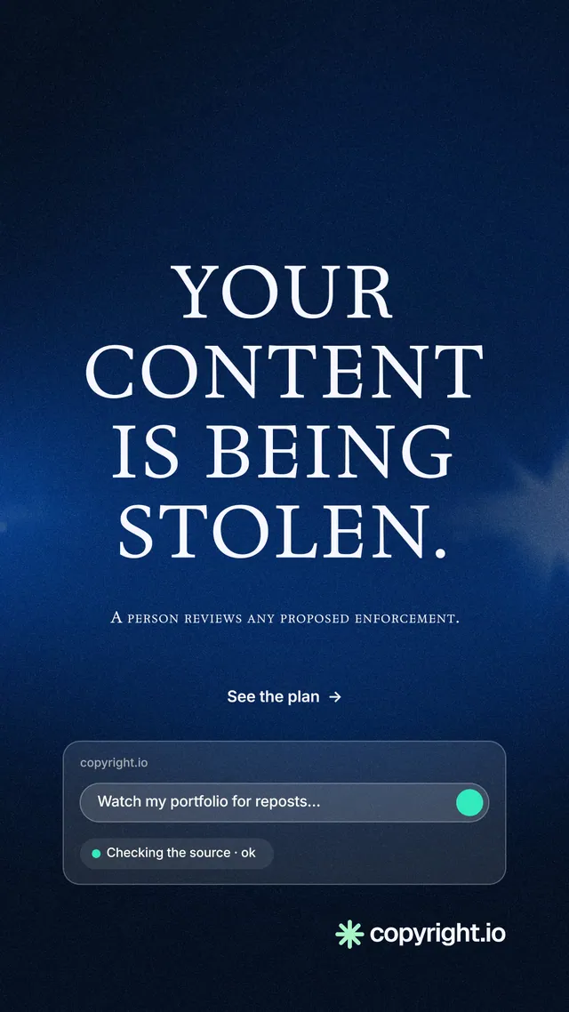 Instagram story for copyright.io: "Your content is being stolen." Minimal luxury style, smallcaps layout, dark palette in blue, black.
