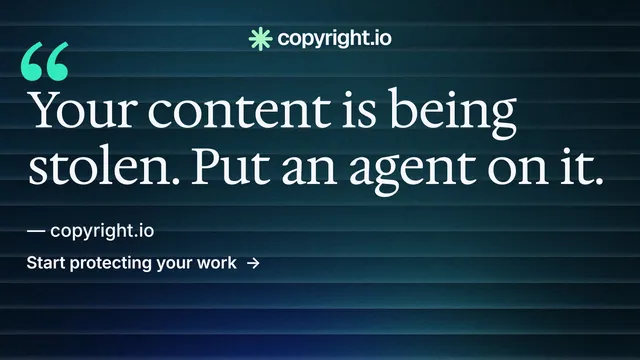 Landscape graphic for copyright.io: "Evidence, documented." Minimal luxury style, quote layout, dark palette in blue, black, grey.