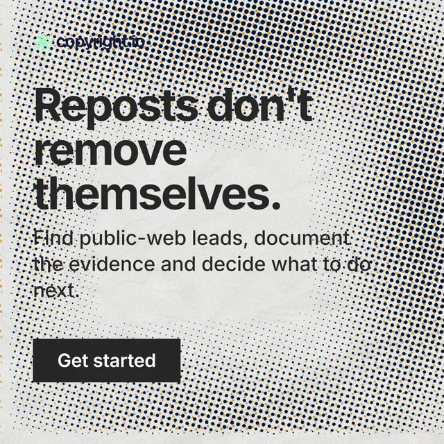 Instagram post for copyright.io: "Reposts don't remove themselves." Swiss style, skeleton layout, light palette in grey, white.