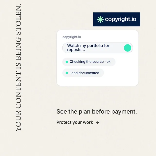 Instagram post for copyright.io: "Your content is being stolen." Minimal luxury style, vertical layout, light palette in white, grey.