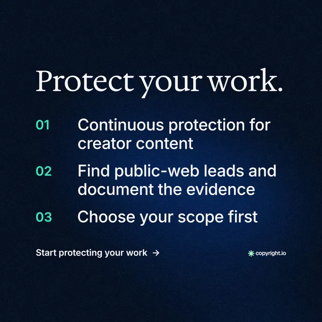 Instagram post for copyright.io: "Protect your work." Minimal luxury style, numbered layout, dark palette in black, blue.