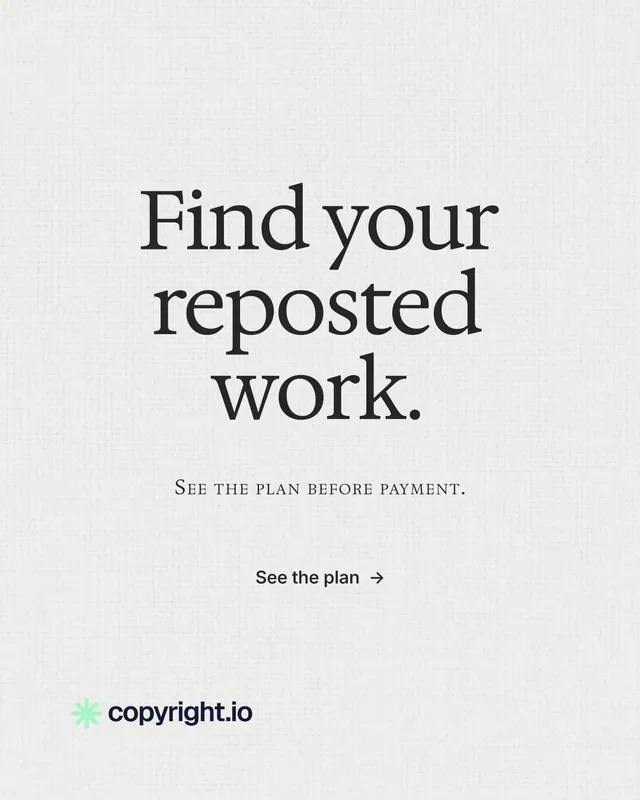 Instagram portrait post for copyright.io: "Find your reposted work." Editorial style, smallcaps layout, light palette in white, grey.