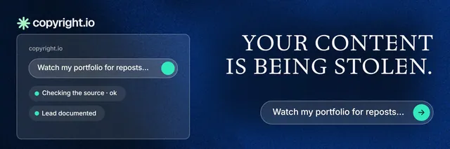 X header for copyright.io: "Your content is being stolen." Agentic glass style, right layout, dark palette in blue, black.