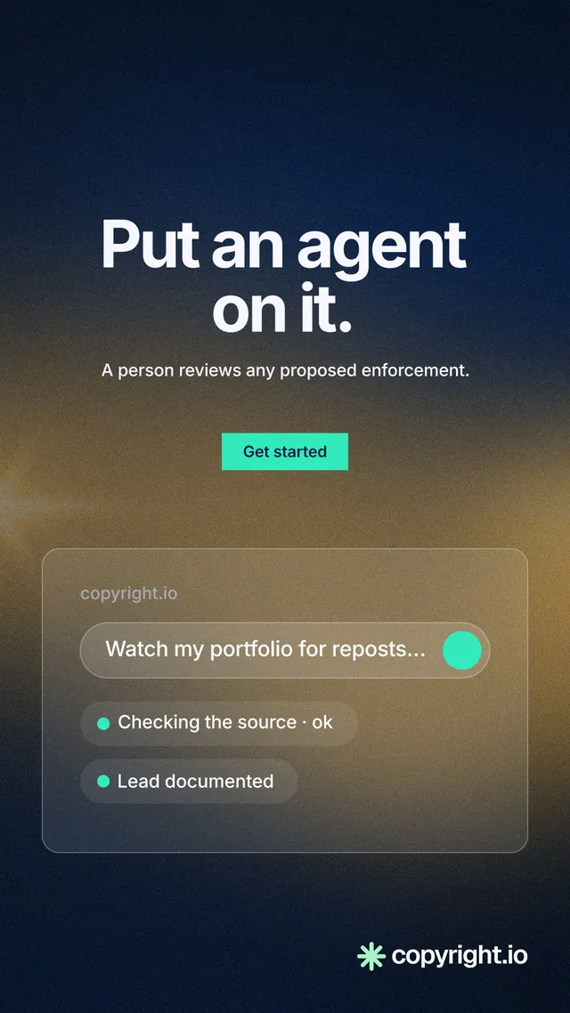 Instagram story for copyright.io: "Put an agent on it." Swiss style, centred layout, dark palette in grey, black, blue.