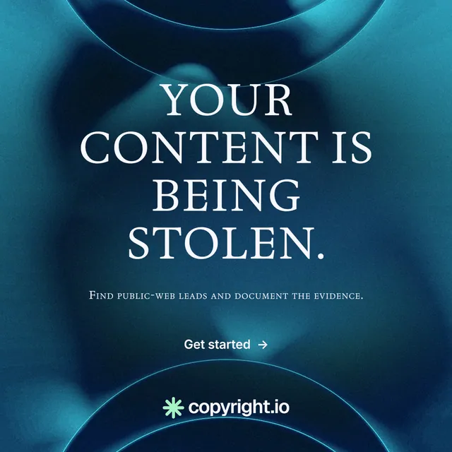 Instagram post for copyright.io: "Your content is being stolen." Agentic glass style, smallcaps layout, dark palette in blue, black, teal.