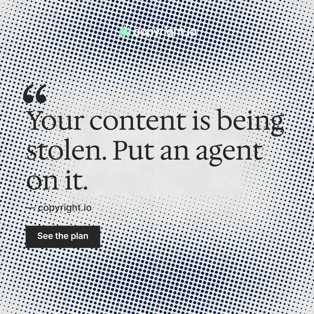 Instagram post for copyright.io: "Your content is being stolen." Retro print style, quote layout, light palette in grey, white.