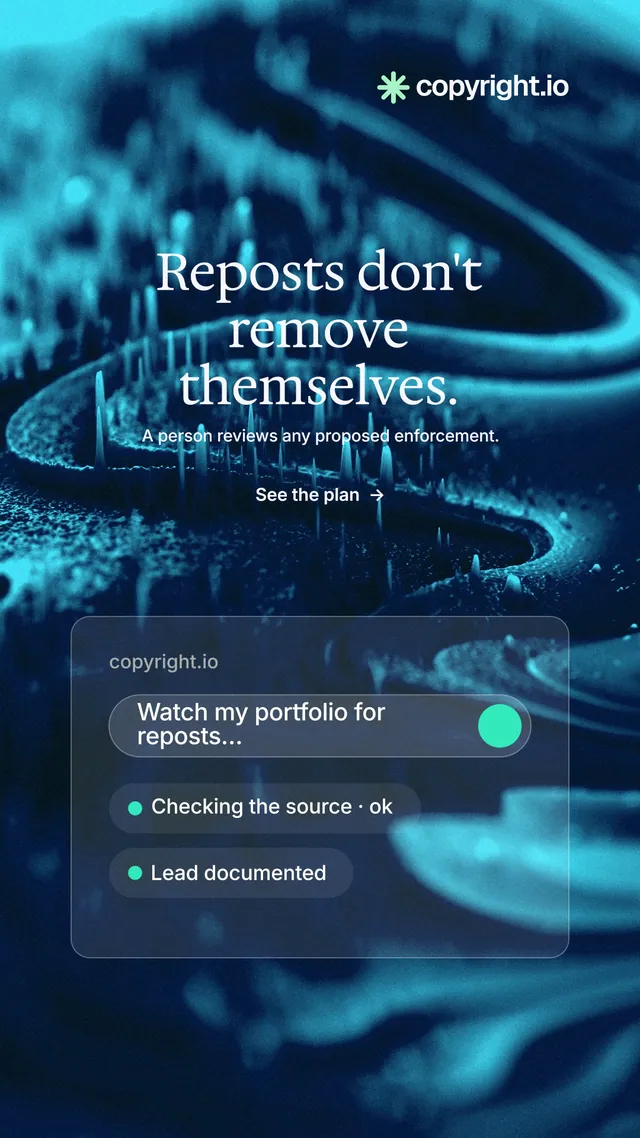 Instagram story for copyright.io: "Reposts don't remove themselves." Minimal luxury style, centred layout, dark palette in blue, black, teal.