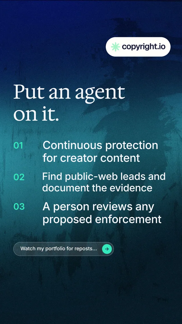 Instagram story for copyright.io: "Put an agent on it." Agentic glass style, numbered layout, dark palette in blue, black, teal.