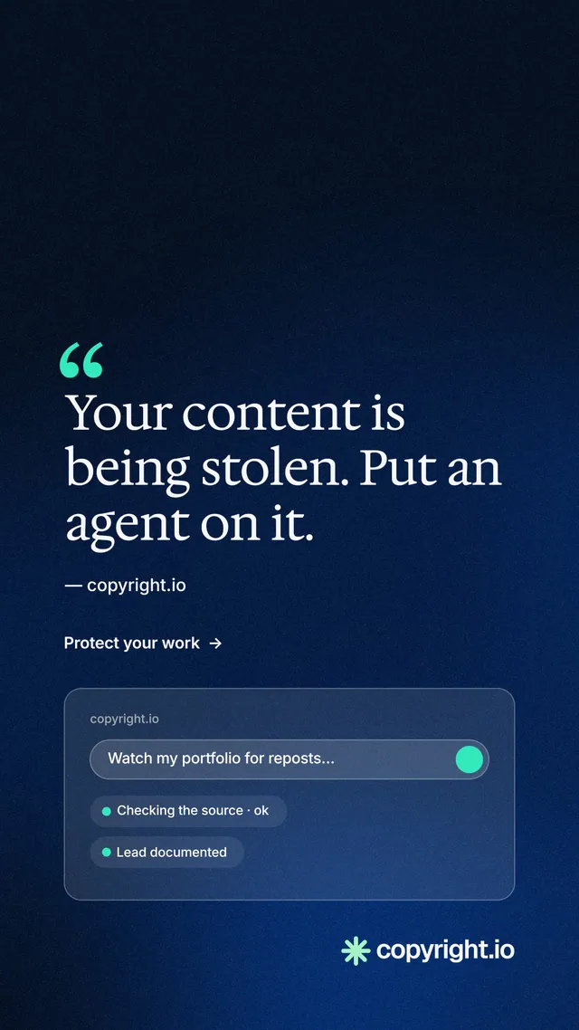 Instagram story for copyright.io: "Evidence, documented." Minimal luxury style, quote layout, dark palette in blue, black.