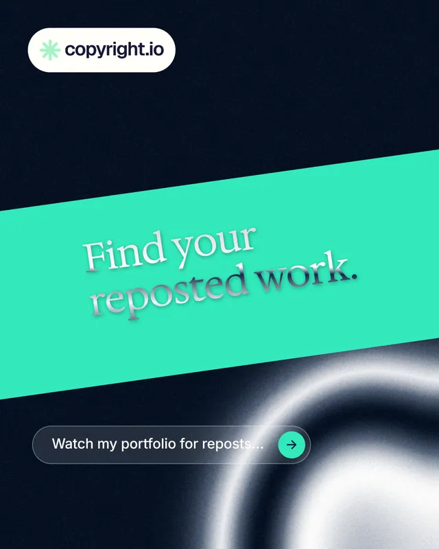 Instagram portrait post for copyright.io: "Find your reposted work." Agentic glass style, diagonal layout, dark palette in black, teal, blue.
