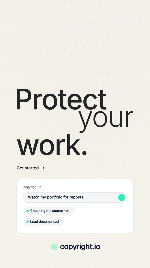 Instagram story for copyright.io: "Protect your work." Minimal luxury style, stacked layout, light palette in white.