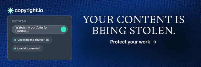 X header for copyright.io: "Your content is being stolen." Minimal luxury style, skeleton layout, dark palette in black, blue, grey.