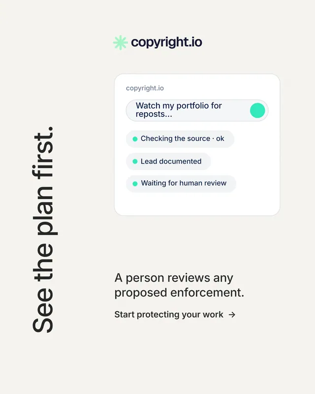 Instagram portrait post for copyright.io: "See the plan first." Minimal luxury style, vertical layout, light palette in white, grey.