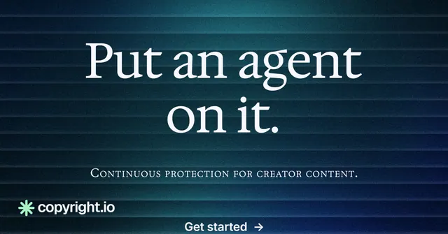Social ad for copyright.io: "Put an agent on it." Agentic glass style, smallcaps layout, dark palette in blue, black.