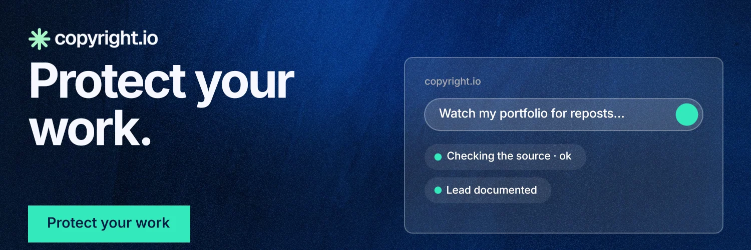 X header for copyright.io: "Protect your work." Swiss style, bottom layout, dark palette in blue, black.