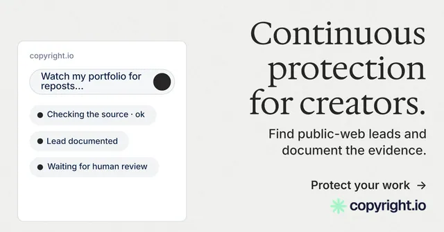Social ad for copyright.io: "Continuous protection for creators." Minimal luxury style, right layout, light palette in white, grey.