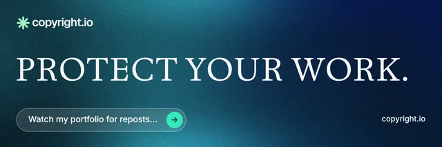 X header for copyright.io: "Protect your work." Agentic glass style, poster layout, dark palette in blue, teal.