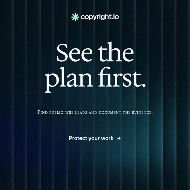 Instagram post for copyright.io: "See the plan first." Agentic glass style, smallcaps layout, dark palette in black, blue.