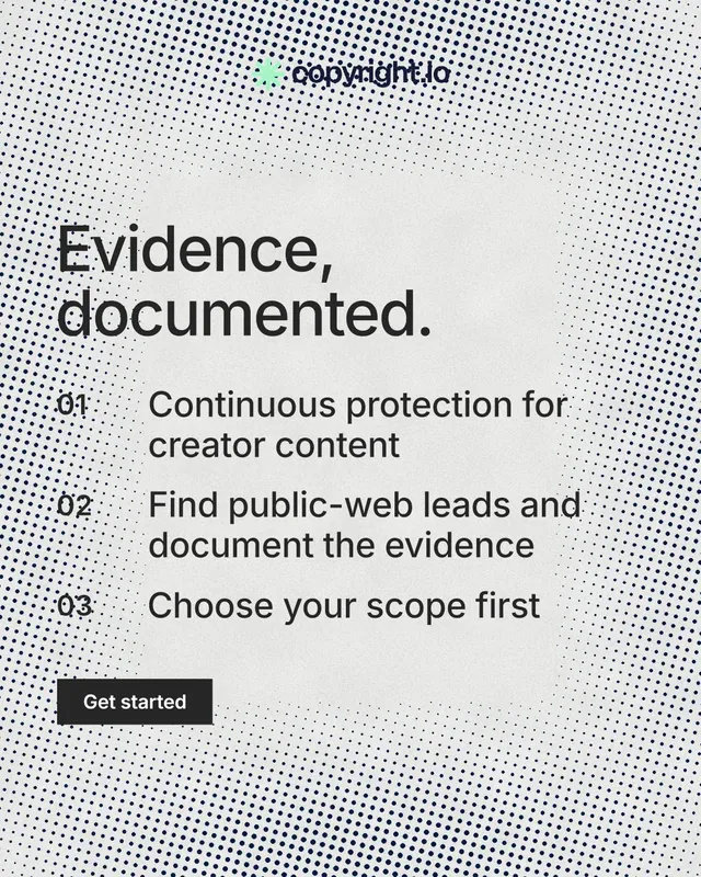 Instagram portrait post for copyright.io: "Evidence, documented." Retro print style, numbered layout, light palette in white, grey.