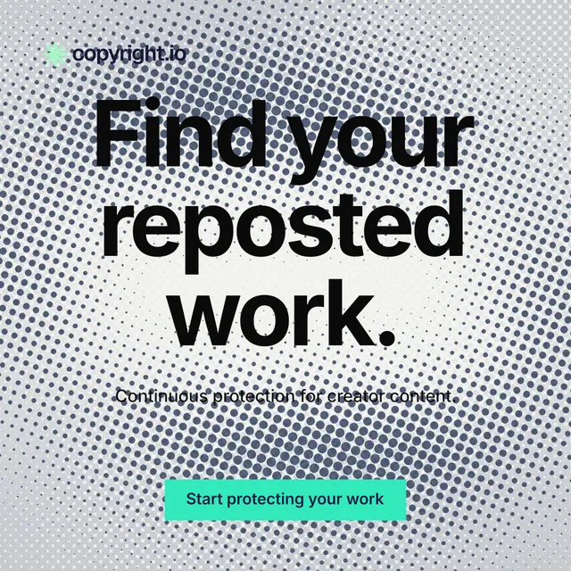 Instagram post for copyright.io: "Find your reposted work." Swiss style, centred layout, light palette in grey, white.