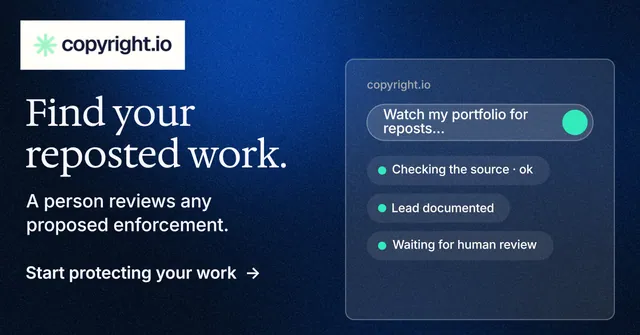 Social ad for copyright.io: "Find your reposted work." Minimal luxury style, bottom layout, dark palette in black, blue, grey.