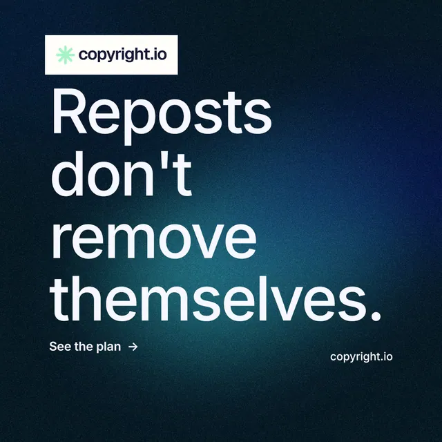 Instagram post for copyright.io: "Reposts don't remove themselves." Minimal luxury style, poster layout, dark palette in blue, black, grey.