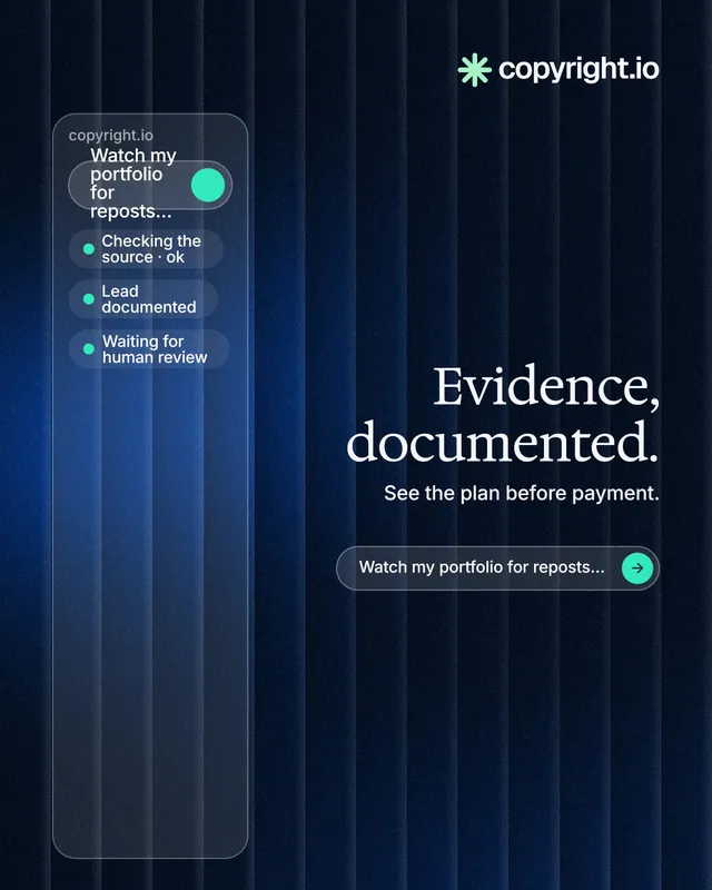 Instagram portrait post for copyright.io: "Evidence, documented." Agentic glass style, right layout, dark palette in blue, black.