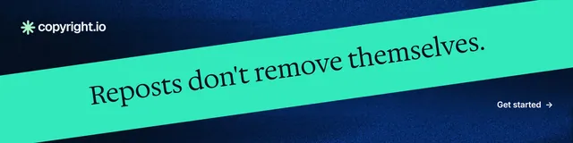 LinkedIn banner for copyright.io: "Reposts don't remove themselves." Minimal luxury style, diagonal layout, dark palette in teal, blue, black.