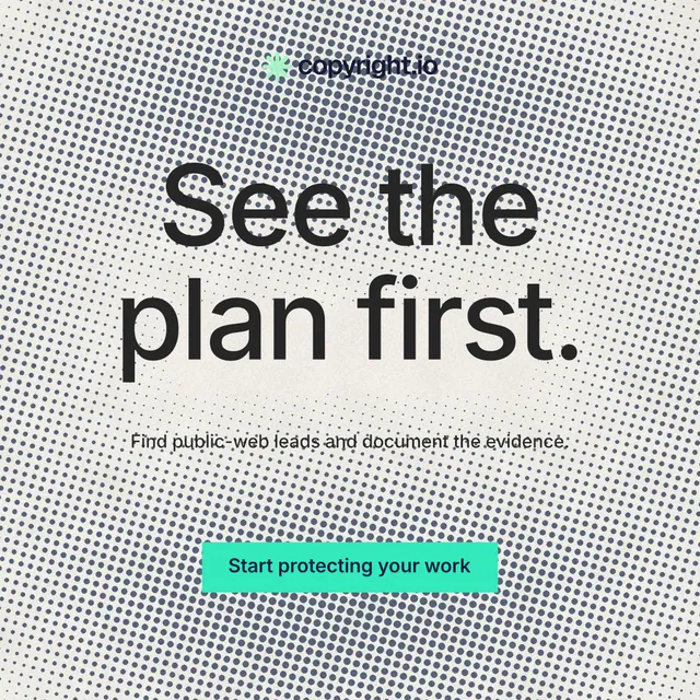Instagram post for copyright.io: "See the plan first." Swiss style, centred layout, light palette in grey, white.