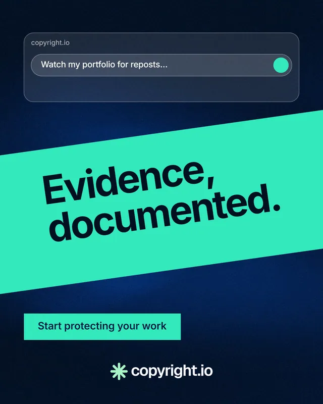 Instagram portrait post for copyright.io: "Evidence, documented." Swiss style, diagonal layout, dark palette in blue, black, teal.