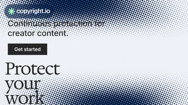 Landscape graphic for copyright.io: "Reposts don't remove themselves." Split block style, oversized layout, light palette in grey, white, blue.