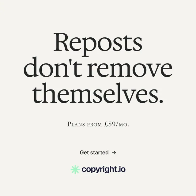 Instagram post for copyright.io: "Reposts don't remove themselves." Editorial style, smallcaps layout, light palette in white, grey.