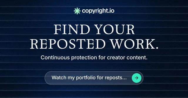 Social ad for copyright.io: "Find your reposted work." Agentic glass style, centred layout, dark palette in black, blue, grey.