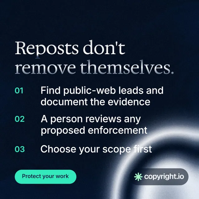 Instagram post for copyright.io: "Reposts don't remove themselves." Y2K style, numbered layout, dark palette in black, grey, blue.