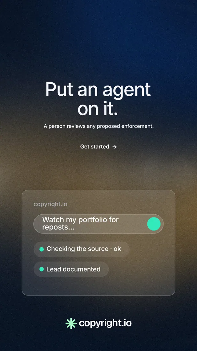 Instagram story for copyright.io: "Put an agent on it." Minimal luxury style, centred layout, dark palette in grey, black, blue.