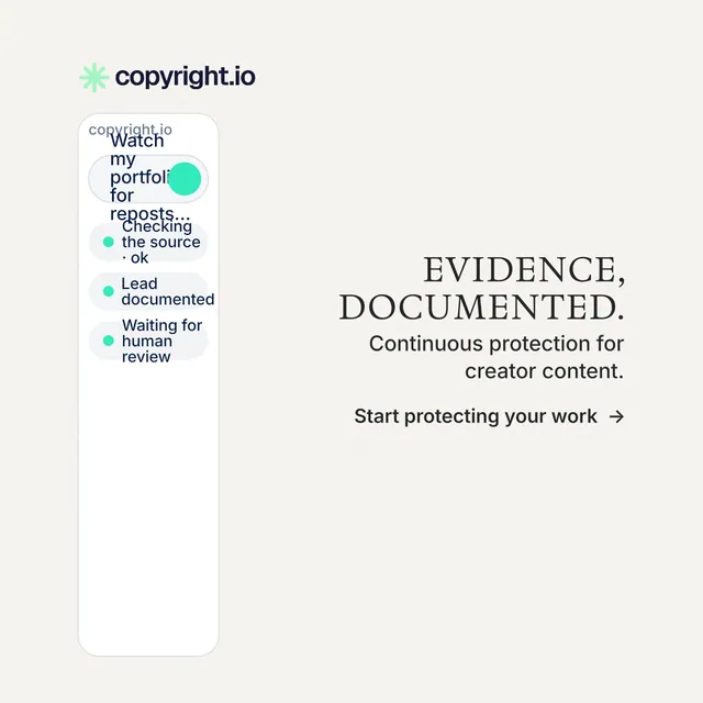 Instagram post for copyright.io: "Evidence, documented." Minimal luxury style, right layout, light palette in white.